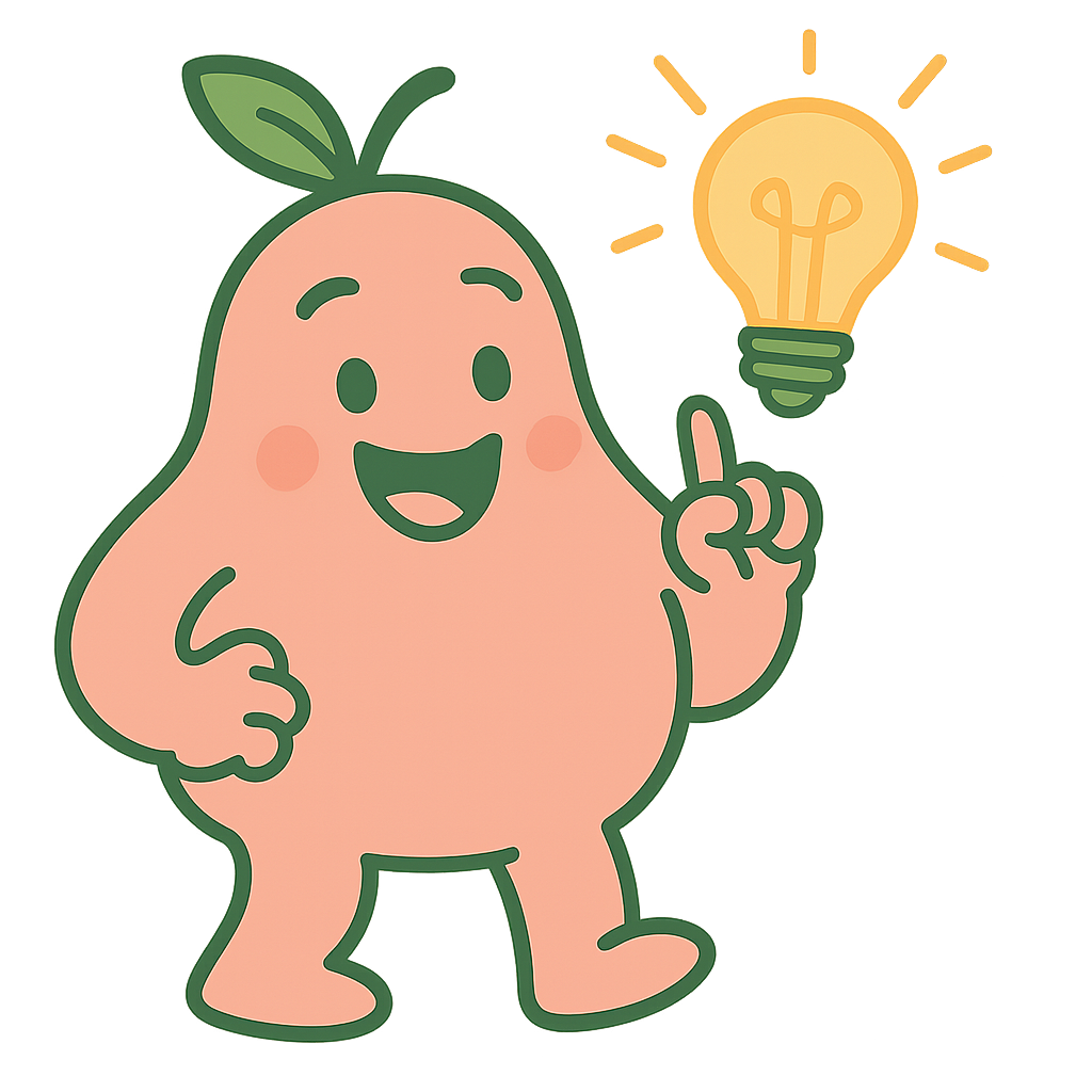 Opeari pear mascot with an idea