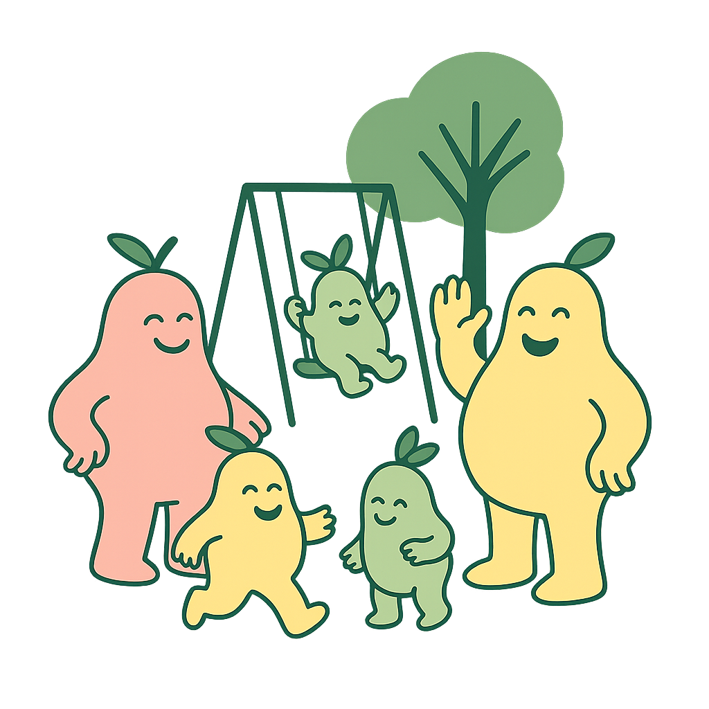 Illustration of pear characters building a community on a swing set